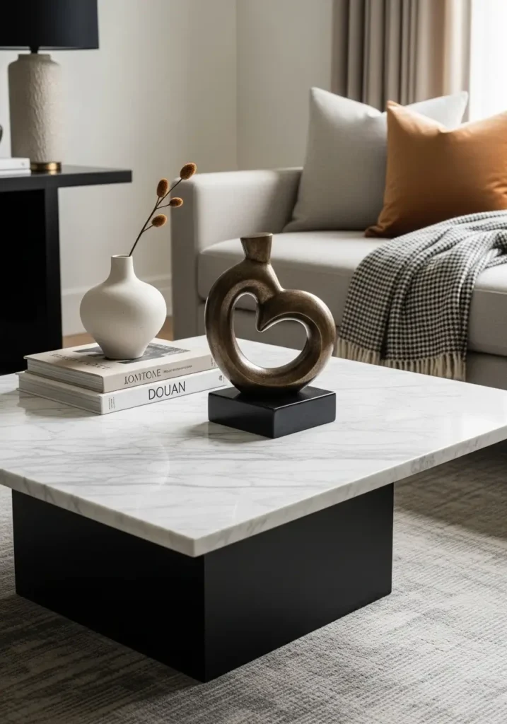 Contemporary living room with a square marble coffee table, small abstract bronze sculpture paired with a minimal ceramic vase and two hardcover books, neutral sofa and textured throw in background, bright natural light highlighting the artistic styling, sophisticated yet inviting feel.