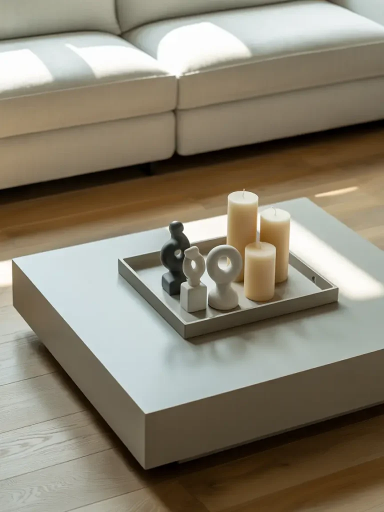 Modern living space with square white coffee table, decorative tray holding three small sculptures and two candles, light wood floor and neutral sofa, subtle shadows from natural light, balanced and elegant display.