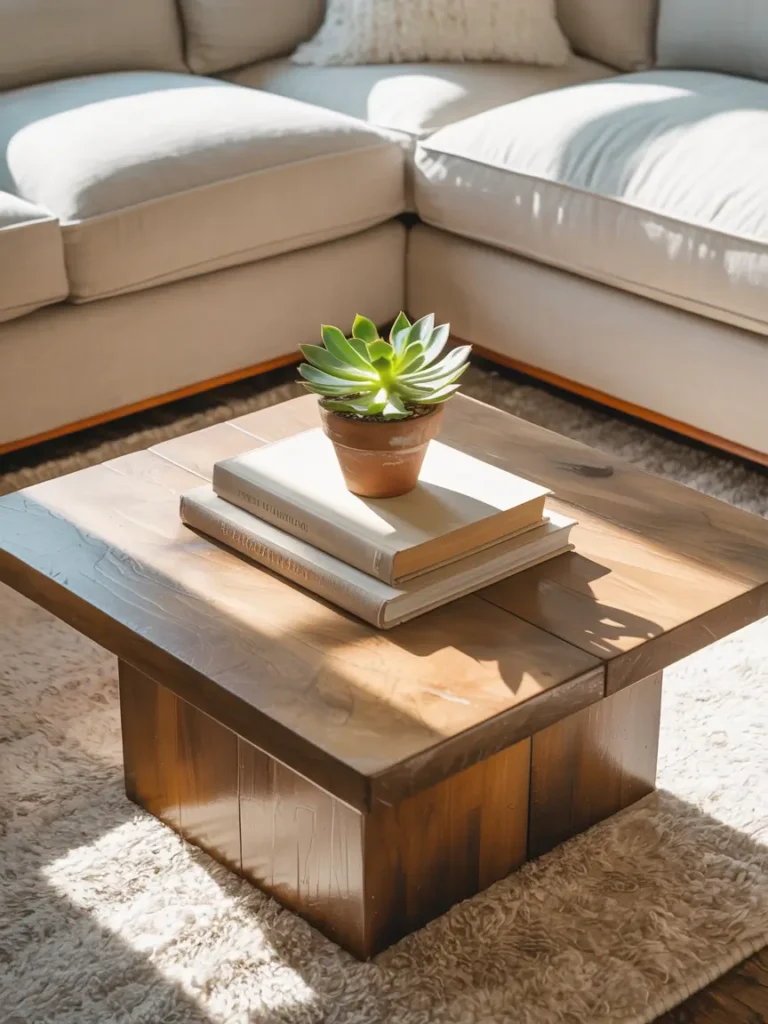 Bright living room with square wooden coffee table, stacked hardcover books with small potted succulent, neutral sofa and soft rug, sunlight streaming in, inviting and fresh table styling.