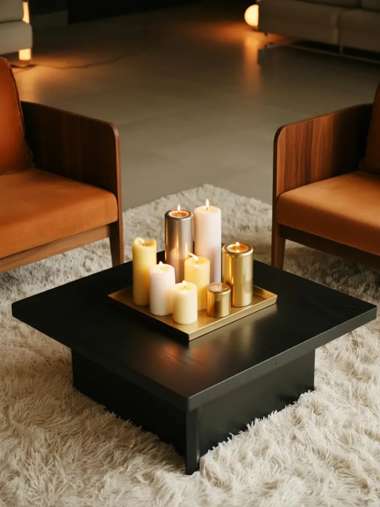 Modern living space with a square black coffee table featuring an assortment of white, beige, and metallic candles of varying heights on a rectangular tray, soft plush rug below, mid-century armchairs surrounding, soft warm lighting enhancing the cozy feel.