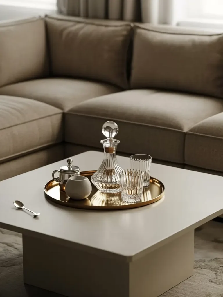 Chic living room featuring square white coffee table, metallic tray with decanter, glasses, and small coffee accessories, neutral sofa, soft natural light, refined and functional table styling.