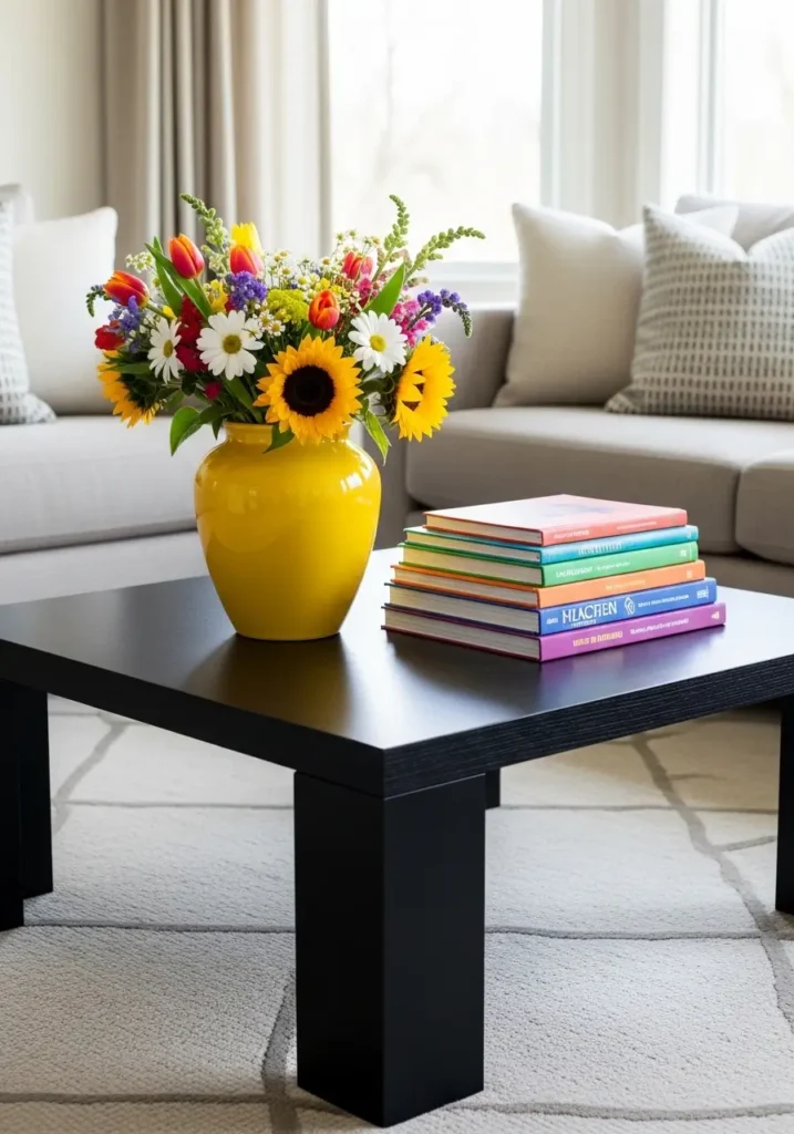 Contemporary living room with a square black coffee table, bright yellow ceramic vase holding fresh flowers, stack of colorful books, neutral sofa and rug in background, lively and vibrant styling.