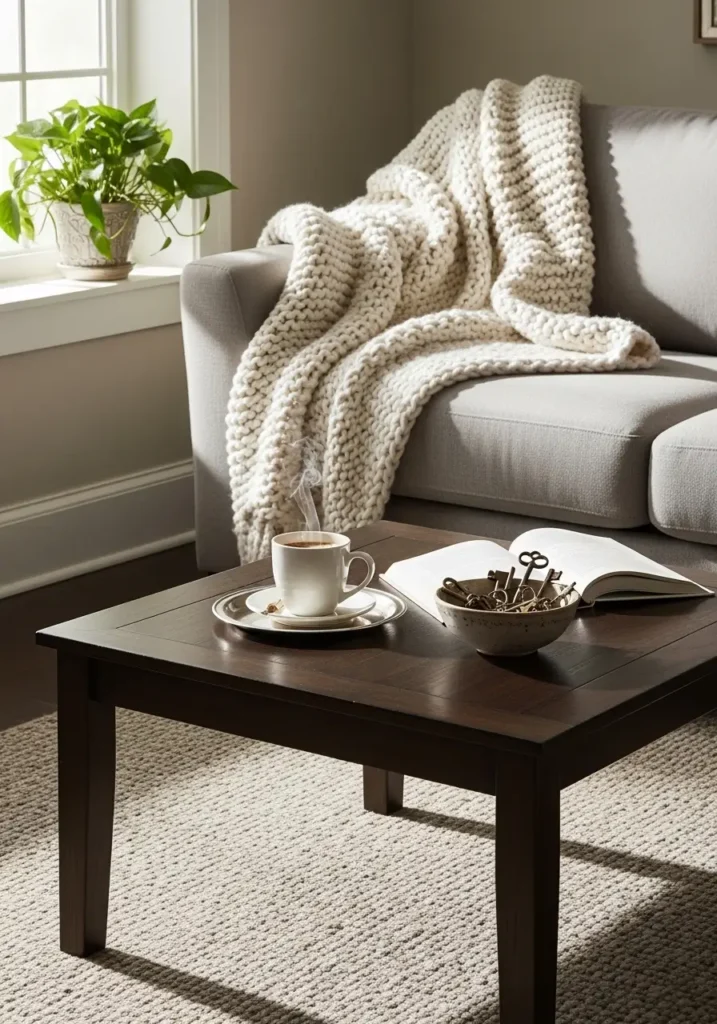 Comfortable living area with a square dark wooden coffee table, small tray holding coffee mug, hardcover book, and bowl of keys, soft knitted throw on sofa, natural light highlighting cozy textures and inviting arrangement.