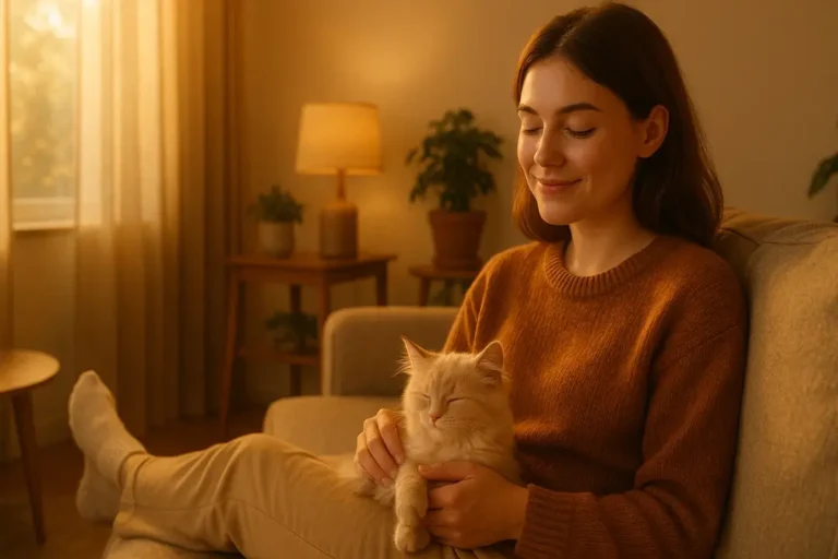 A cozy living room bathed in golden sunlight where a person relaxes with a fluffy kitten on their lap. The atmosphere feels peaceful and comforting, symbolizing how animals bring calmness and joy to stressful lives