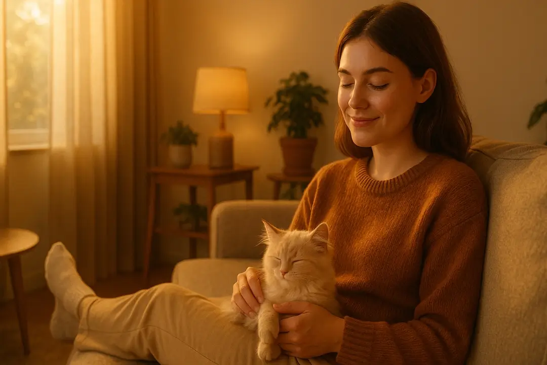 A cozy living room bathed in golden sunlight where a person relaxes with a fluffy kitten on their lap. The atmosphere feels peaceful and comforting, symbolizing how animals bring calmness and joy to stressful lives