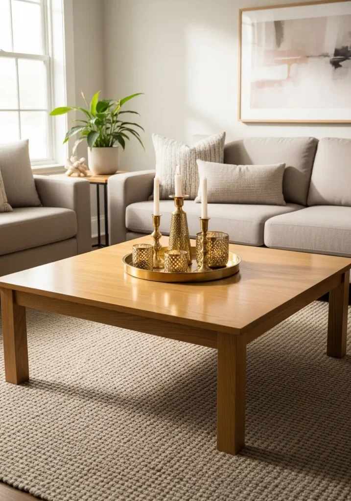 Chic living room with a square oak coffee table, metallic gold tray with small candleholders, neutral-toned sofa and rug, soft natural light highlighting shiny surfaces, subtle elegance.