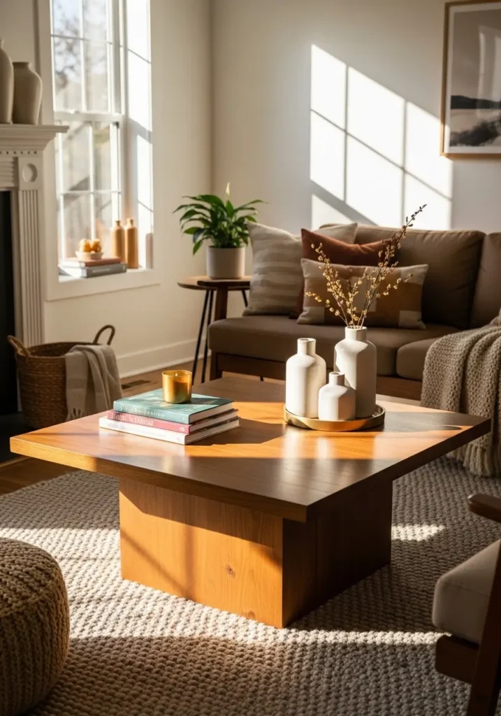 A cozy living room with a square wooden coffee table featuring a stack of colorful hardcover books, topped with a small gold candle, soft wool rug underneath, warm sunlight streaming in through the window, mid-century sofa in the background, layered textures, inviting and stylish.