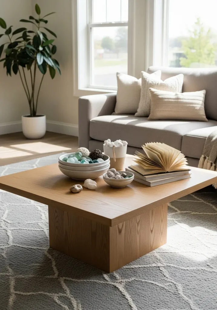 Elegant living room with square dark wood coffee table, clear glass vase with fresh flowers, stacked books, neutral sofa and rug, soft natural lighting reflecting off glass surfaces, airy and refined atmosphere.