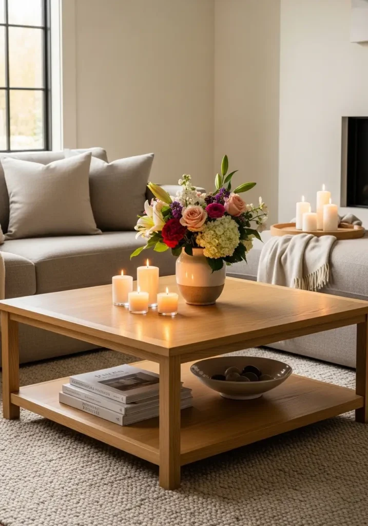 Romantic living area with square oak coffee table, small bouquet of fresh flowers in ceramic vase, votive candles at varying heights, neutral sofa and rug, warm natural lighting enhancing soft textures.
