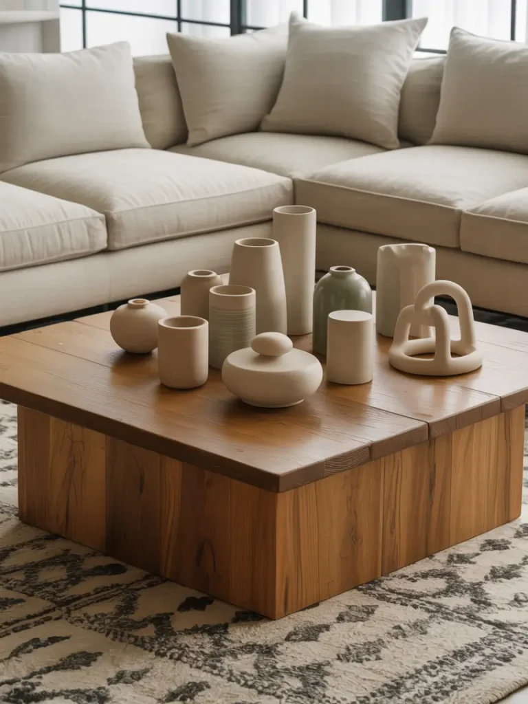 Modern living space featuring square wooden coffee table, grouped ceramic objects of various shapes and muted tones, neutral sofa, patterned rug, natural light enhancing textures and shapes