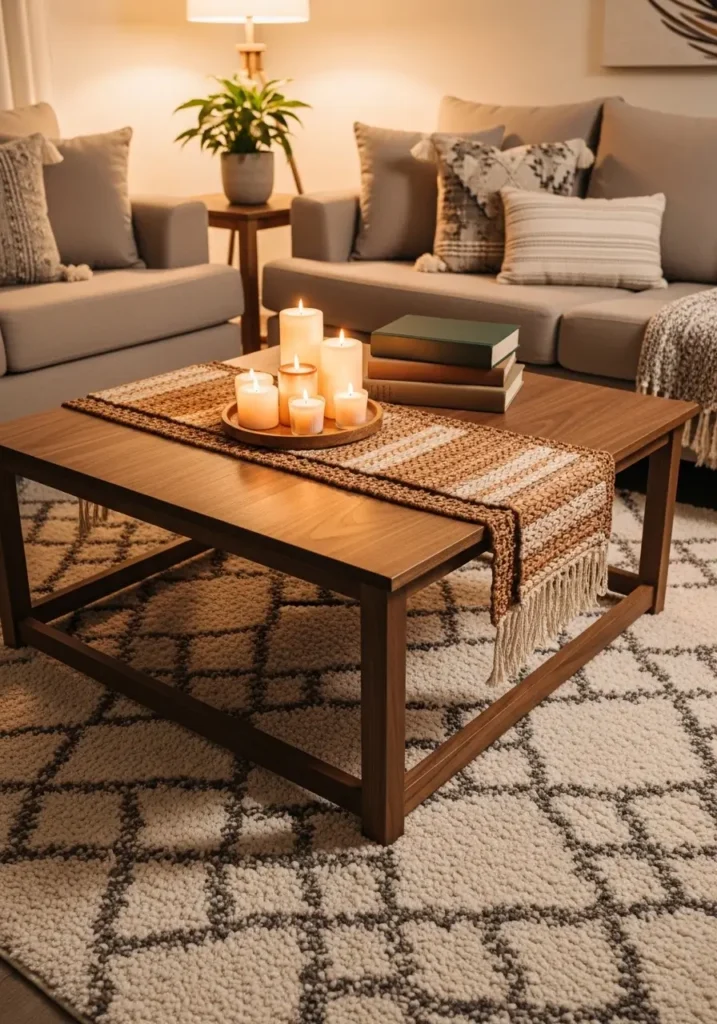 Cozy living area with a square walnut coffee table, layered woven runner under candles and books, soft patterned rug below, neutral sofa in background, warm and inviting styling.