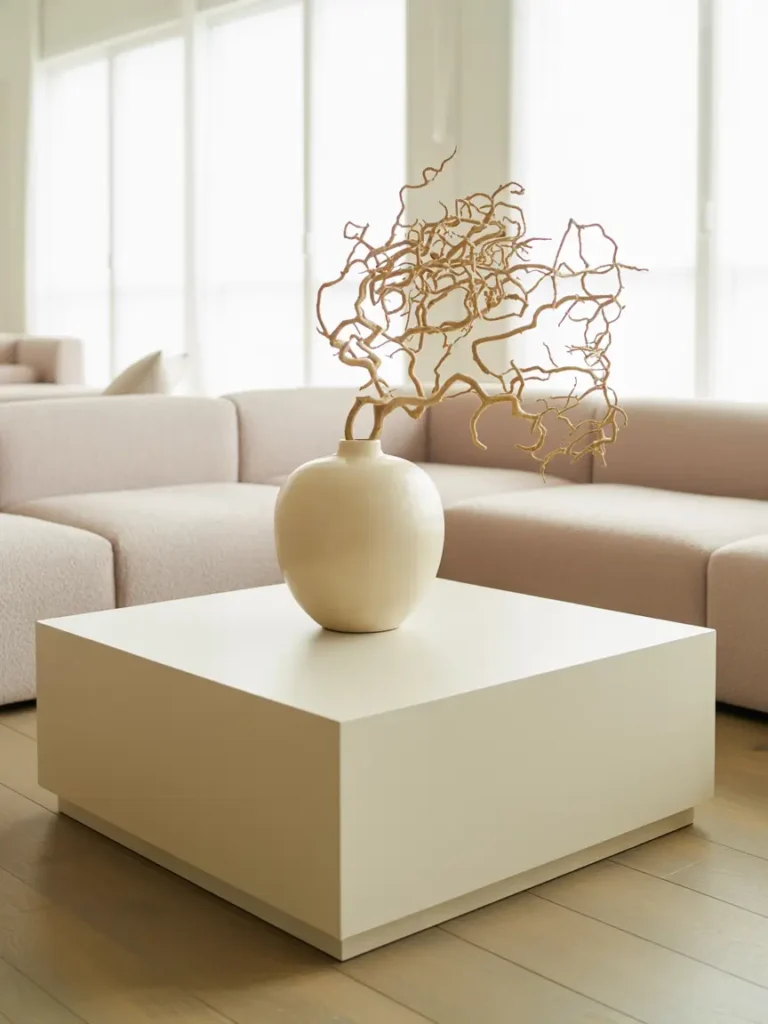 Bright minimalist living room with a square white coffee table, single large ceramic vase with a dried branch, neutral sofa and light wooden flooring, airy and uncluttered vibe, soft shadows from natural light.