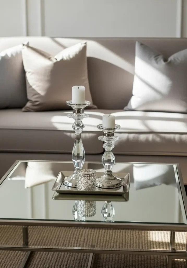 Elegant living room with a mirrored square coffee table, small metallic tray with crystal candle holders, neutral upholstered sofa in background, soft sunlight reflecting off mirrored surfaces, sophisticated and chic atmosphere.