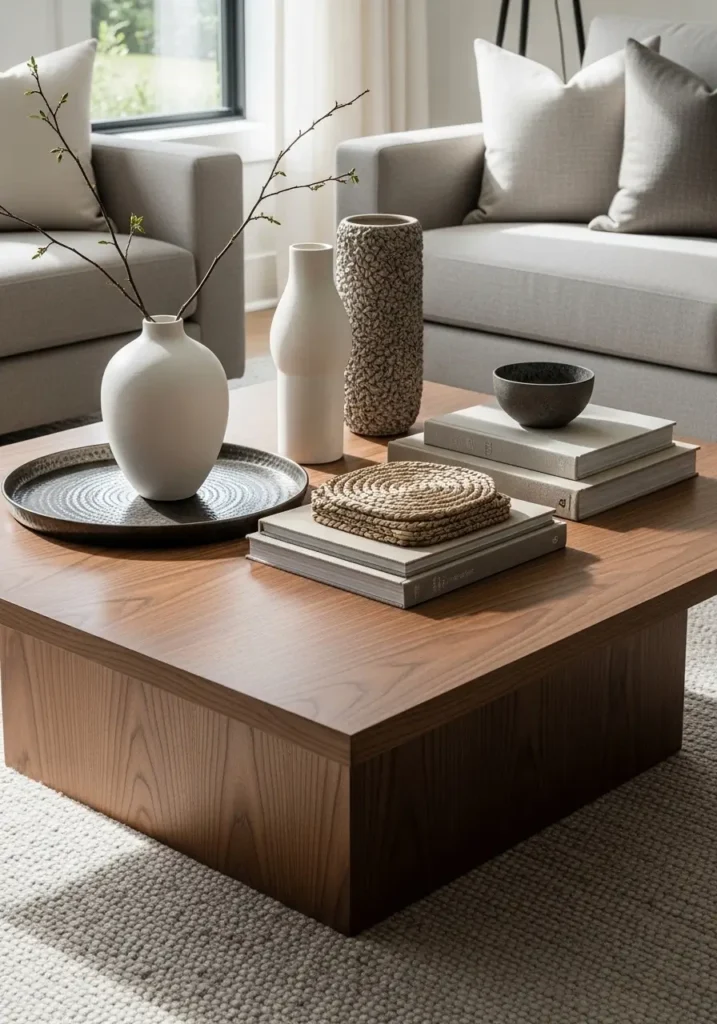 Modern living space featuring a square walnut coffee table, layered with ceramic vase, metal tray, woven coasters, and textured hardcover books, neutral sofa in background, soft rug beneath, natural sunlight highlighting the variety of textures.