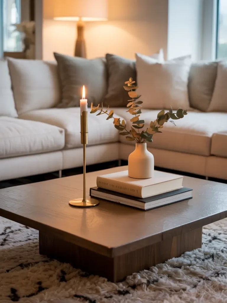 Modern living space featuring a square wooden coffee table, tall brass candlestick, short ceramic vase, and stacked hardcover books, neutral sofa, soft rug, layered lighting creating depth and interest.