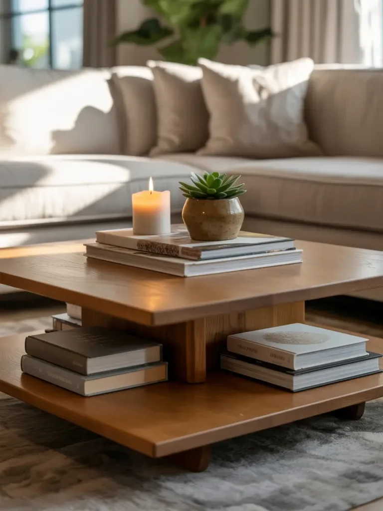 Contemporary living room with square oak coffee table, layered books and small decorative box creating multi-level display, candle and small plant on top, neutral sofa, soft sunlight enhancing depth and textures.
