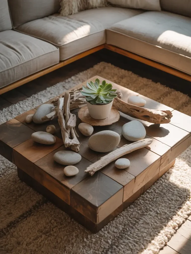 Cozy living room with square wooden coffee table, driftwood, stones, and small potted plant arranged casually, soft neutral sofa, textured rug, sunlight highlighting natural elements.