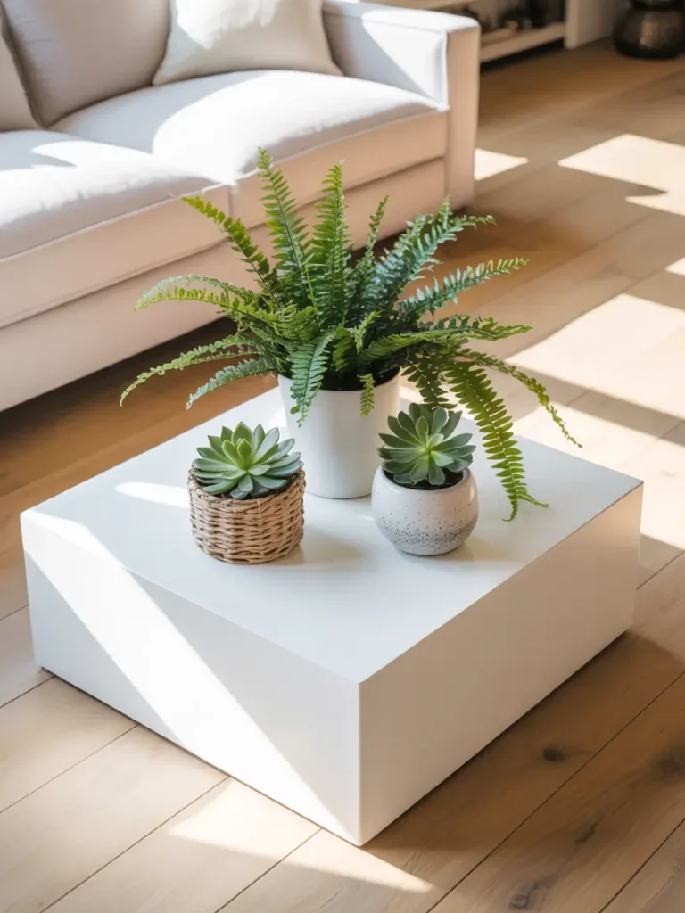 Bright living room featuring a square white coffee table adorned with a trio of potted green plants, including a small fern and two succulents in ceramic and woven pots, natural light reflecting off light wooden floors, minimalistic sofa in soft neutral tones, inviting and airy atmosphere.
