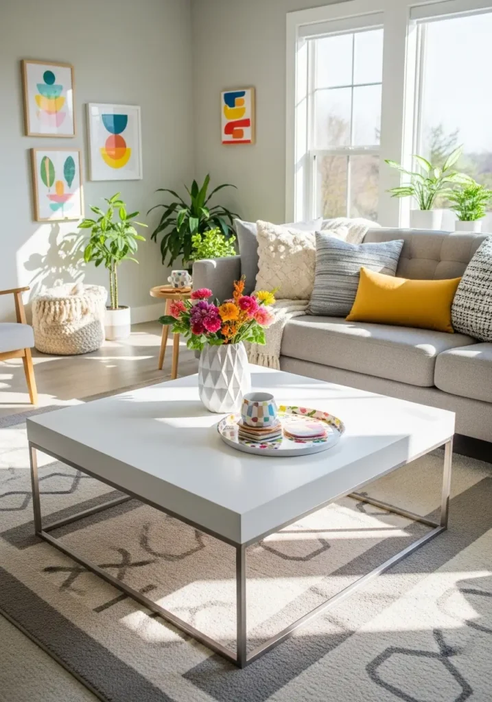 Modern living room featuring a square white coffee table, geometric patterned vase and printed tray, neutral sofa, layered rugs with subtle patterns, bright natural light emphasizing details, cheerful and playful styling.