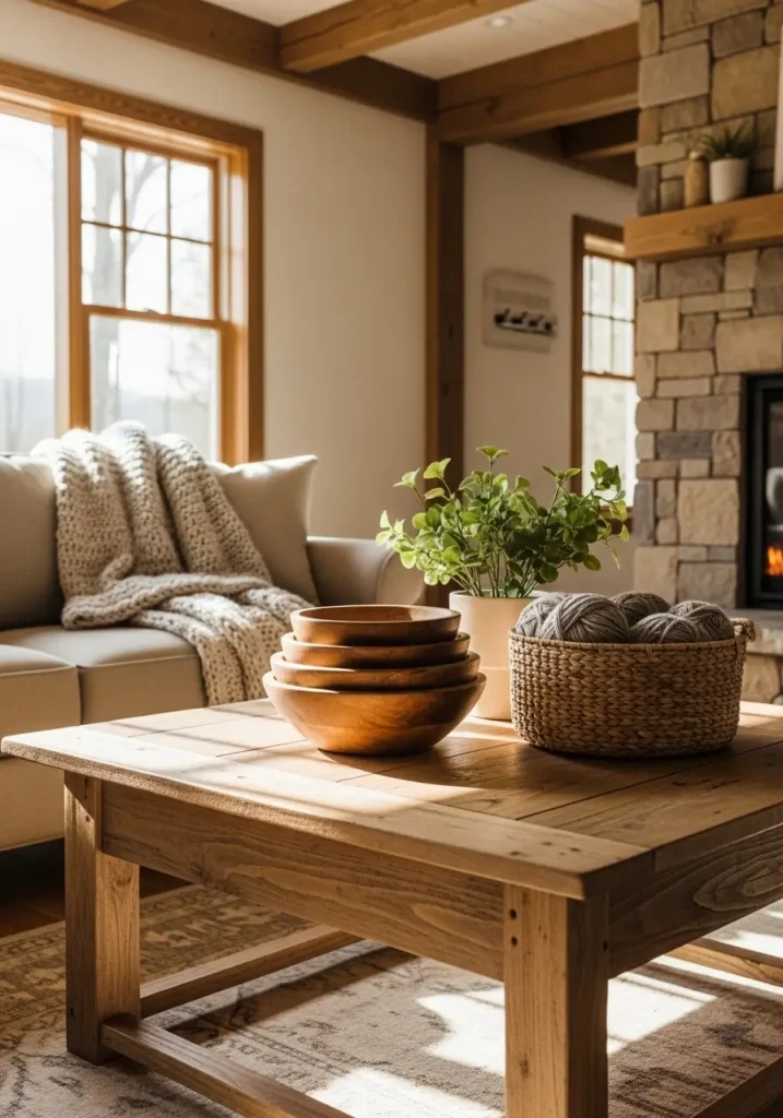 Cozy rustic living room with square wooden coffee table, layered wooden bowls, woven basket, small plant, neutral sofa with knit throw, natural sunlight enhancing textures, inviting rustic charm.