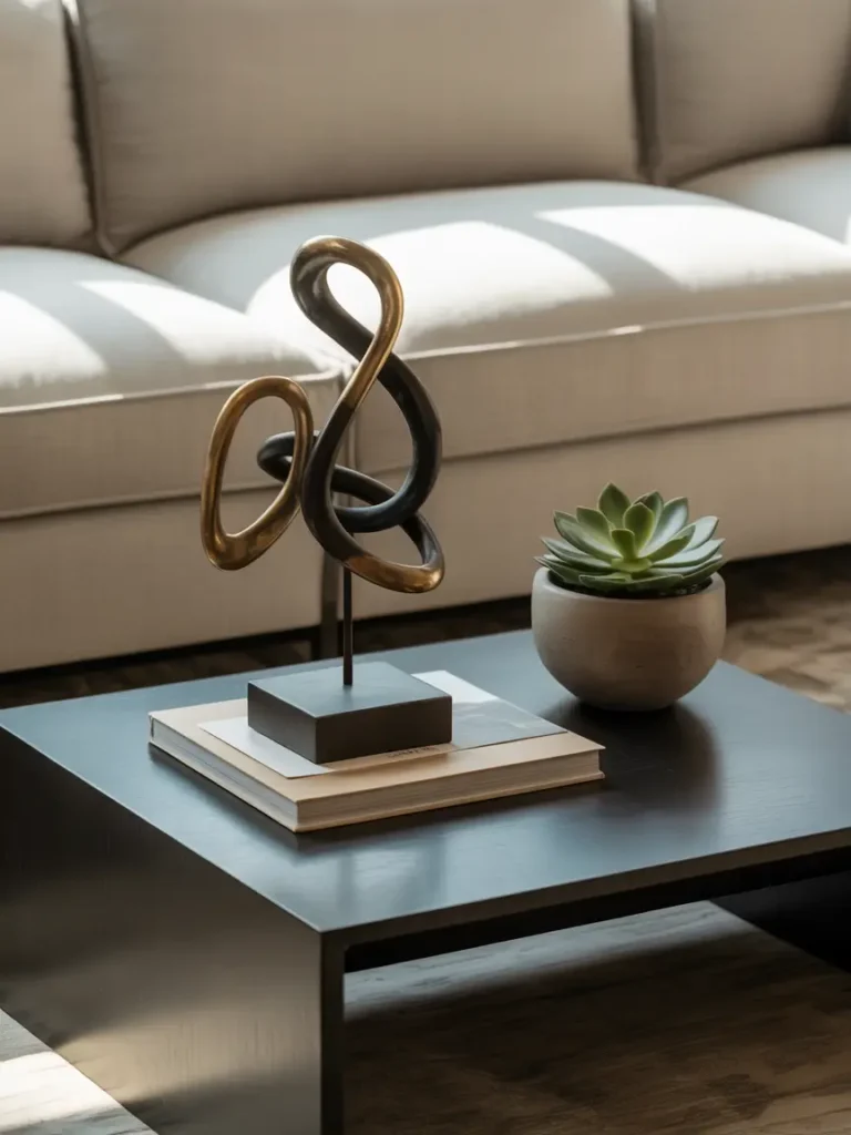 Contemporary living room with square black coffee table, abstract bronze sculpture, small plant and two stacked books, neutral sofa in background, soft sunlight highlighting artistic styling.