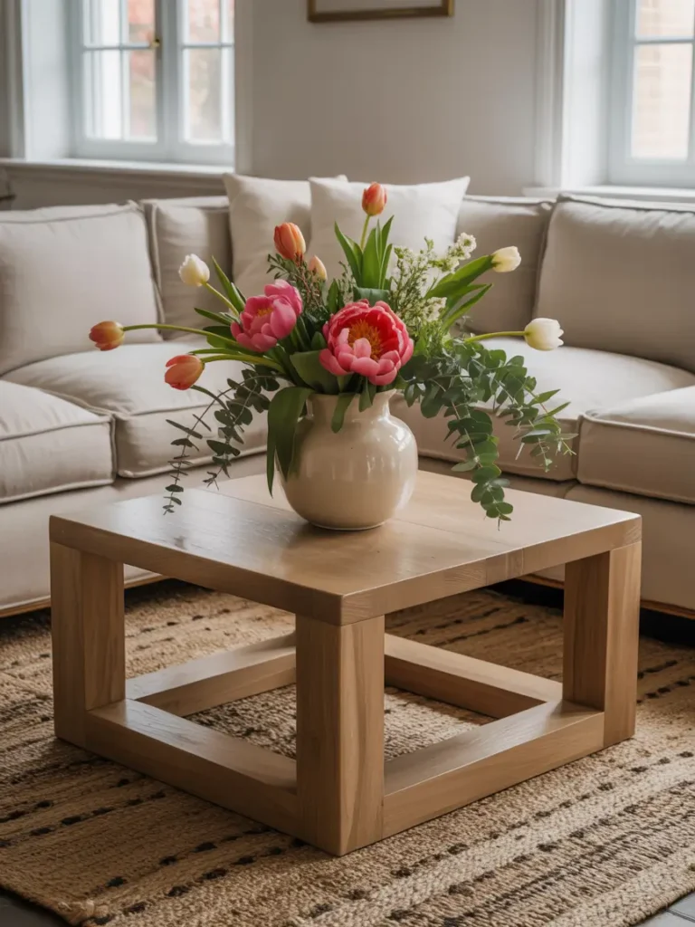 Cozy living area with square oak coffee table, fresh seasonal flowers in a ceramic vase, neutral sofa and textured rug, natural light highlighting vibrant blooms, fresh and inviting atmosphere.