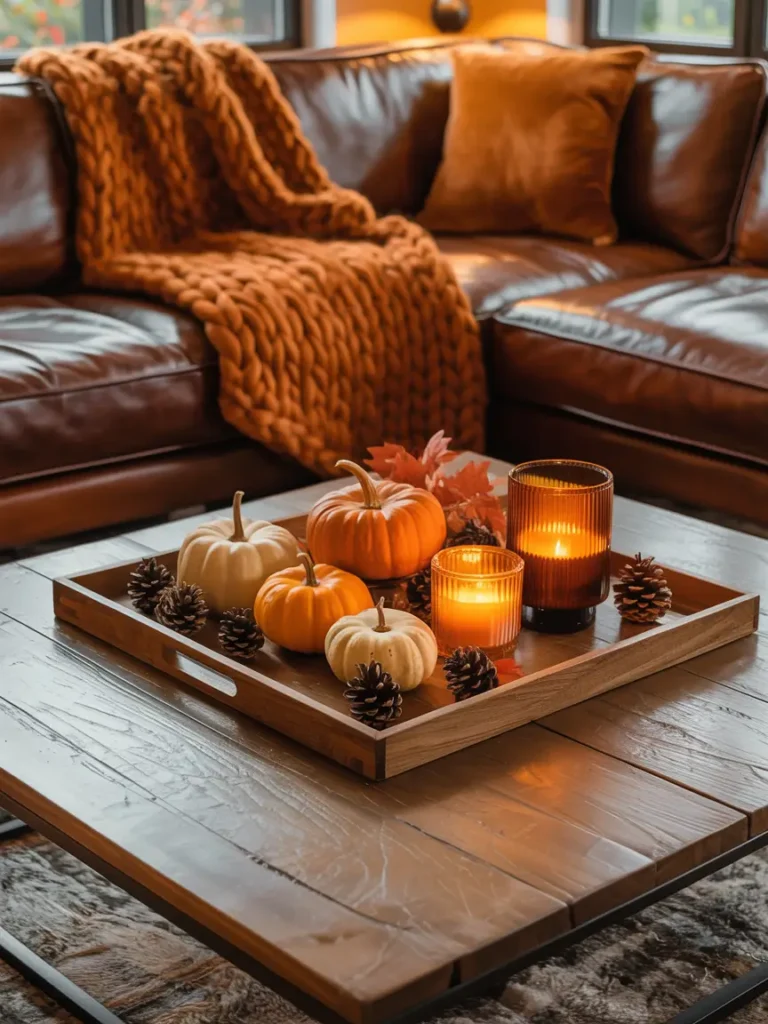 Cozy autumn-inspired living room with a square wooden coffee table, small pumpkins, pinecones, and amber glass candle holders arranged artfully on a rustic tray, wool throw draped on sofa, warm orange and brown tones, inviting seasonal styling.