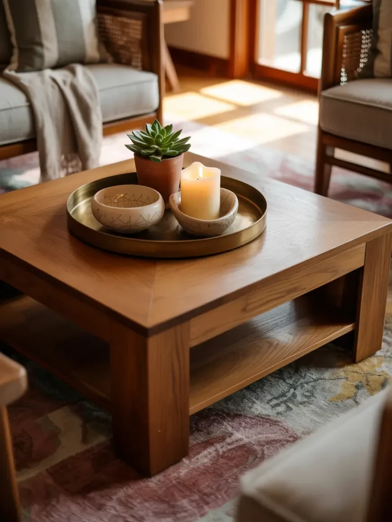 Cozy living room with a square oak coffee table, a large metallic tray holding a small succulent, a ceramic candle, and a decorative bowl, soft patterned rug beneath, warm natural light streaming in, layered textures and inviting ambiance.