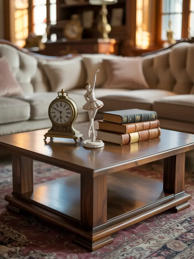 Living room featuring a square dark wooden coffee table, vintage clock, ceramic figurine, and stacked antique books, soft patterned rug, cozy sofa in background, warm and nostalgic ambiance.