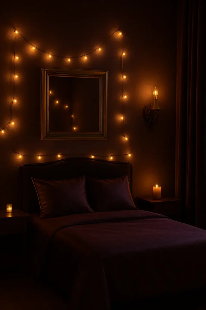 Soft, ambient lighting in a moody, dark feminine bedroom.