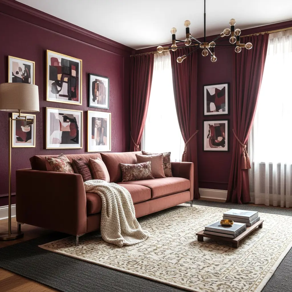 Burgundy room with layered textiles and abstract wall art.