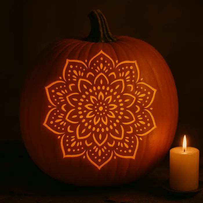 Artistic mandala-style carved pumpkin illuminated from within.