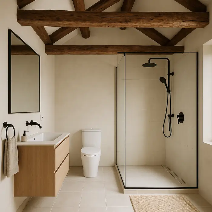 Bathroom with exposed beams, walk-in shower, and modern fixtures.