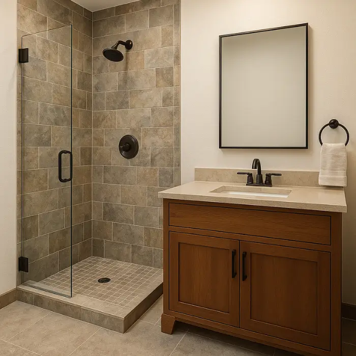 Bathroom with stone tile shower and wood vanity.