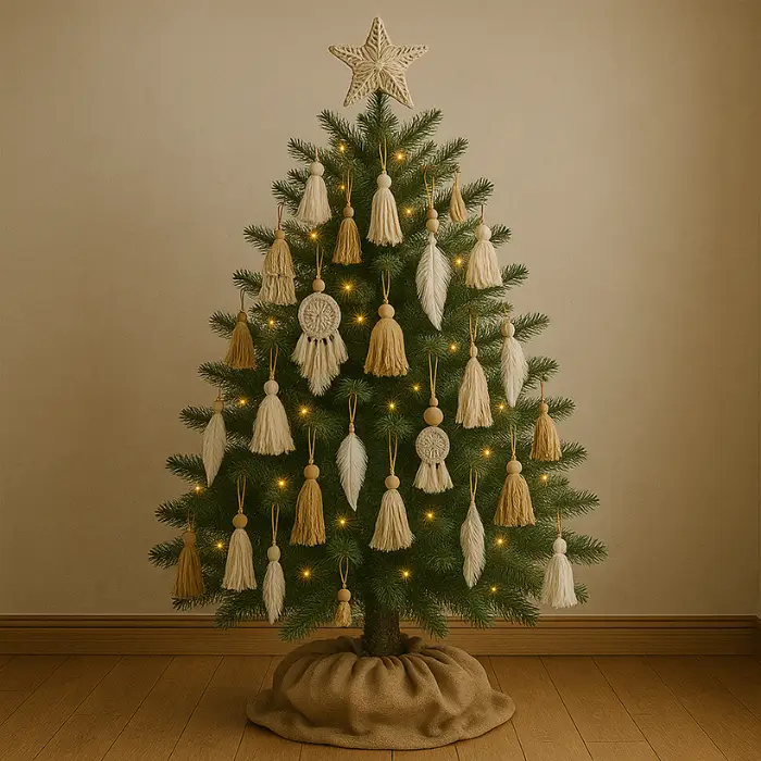 Bohemian Christmas tree with handmade and textured decorations.
