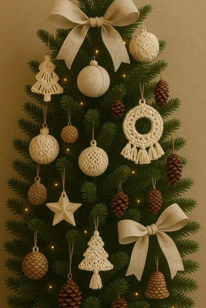 Minimalist brown and neutral Christmas tree with boho decorations.