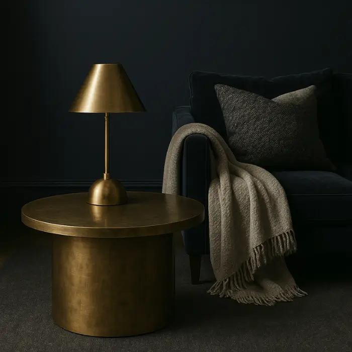 Gold and brass accents in modern, moody living room design.

Embrace Natural Materials for Balance