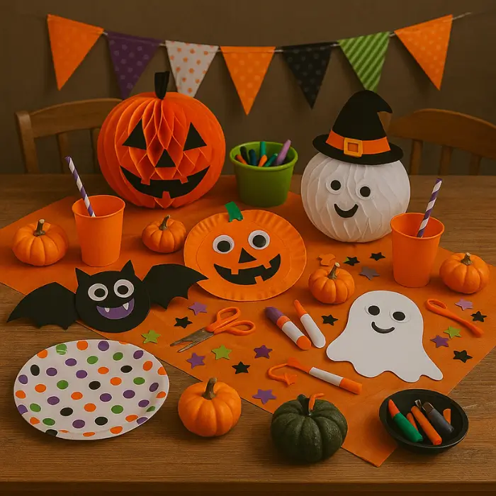 Bright Halloween kids’ table with cheerful pumpkin décor.