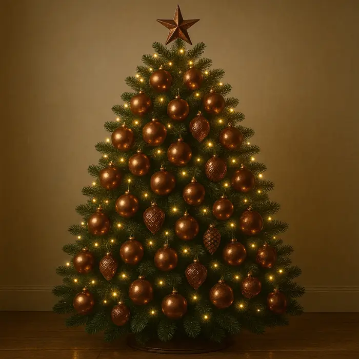 Brown Christmas tree decorated with copper and metallic accents.