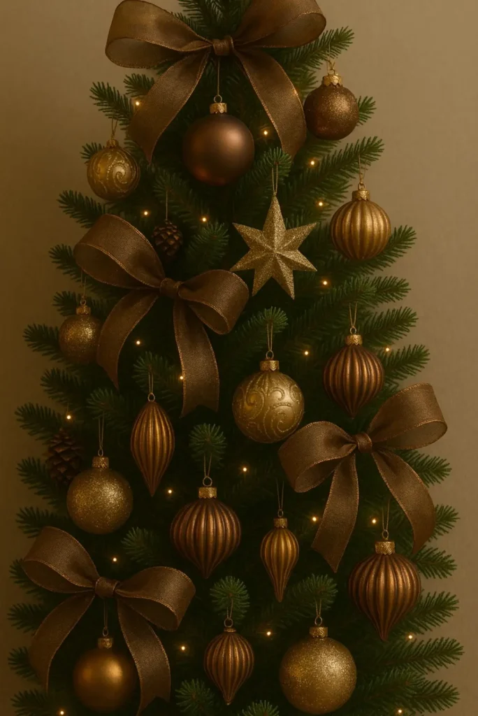 Elegant brown and gold Christmas tree glowing with warm lights.