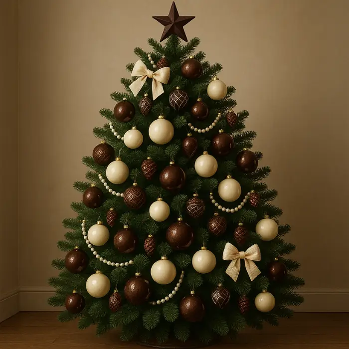 Brown and white Christmas tree décor with ribbon and neutral ornaments.