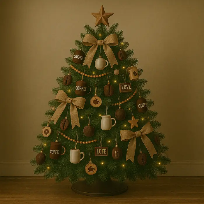 Brown coffee-inspired Christmas tree with cozy holiday décor.