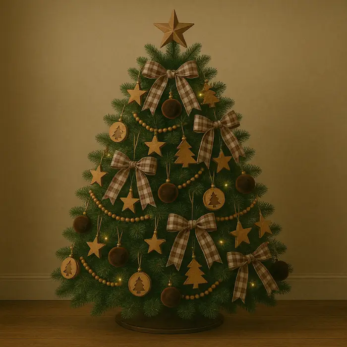 Brown farmhouse Christmas tree with cozy plaid and burlap décor