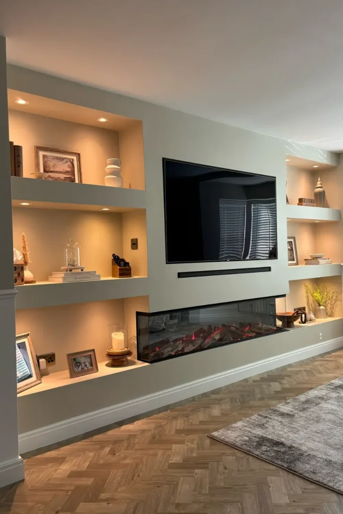 Modern built-in fireplace wall design with integrated storage and ambient lighting.
