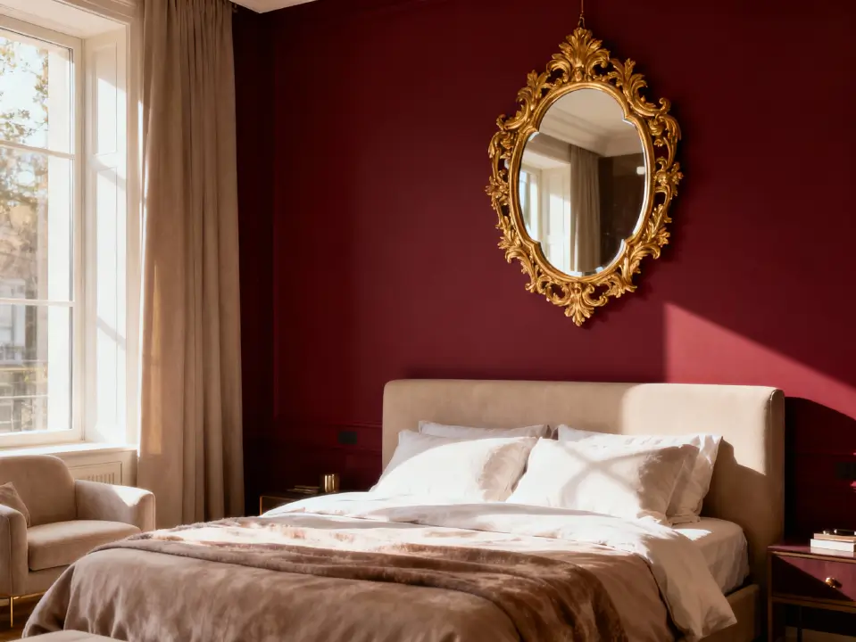 Burgundy velvet furniture adds luxury to a modern living space.