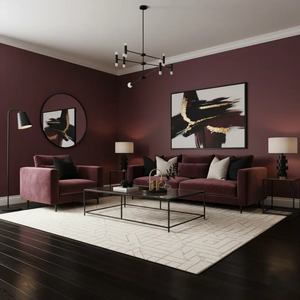 Bold modern burgundy room with black accents.