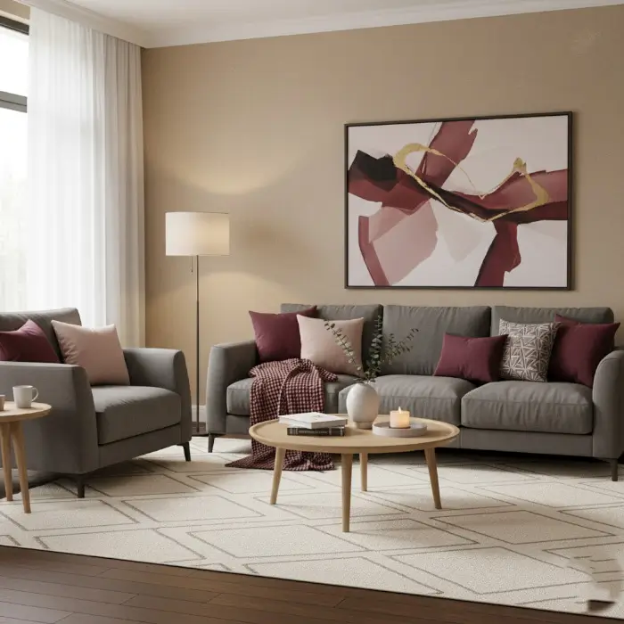 Subtle burgundy accents in neutral living room décor.