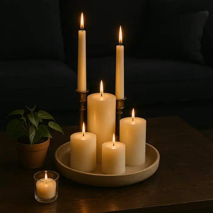 Vintage candles and books in an elegant, moody living room.