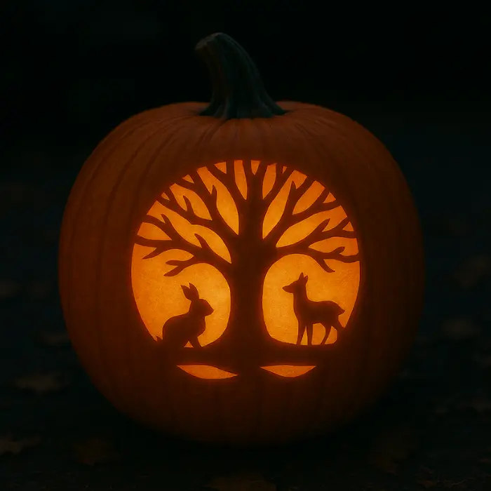 Carved woodland pumpkin featuring glowing forest animals