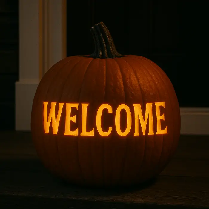 Carved word pumpkin with glowing text design for fall entryway.